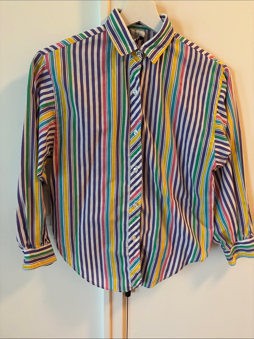 Women's Multicolor Stripe Button-Down Shirt - Blue/Green/Purple Stripe